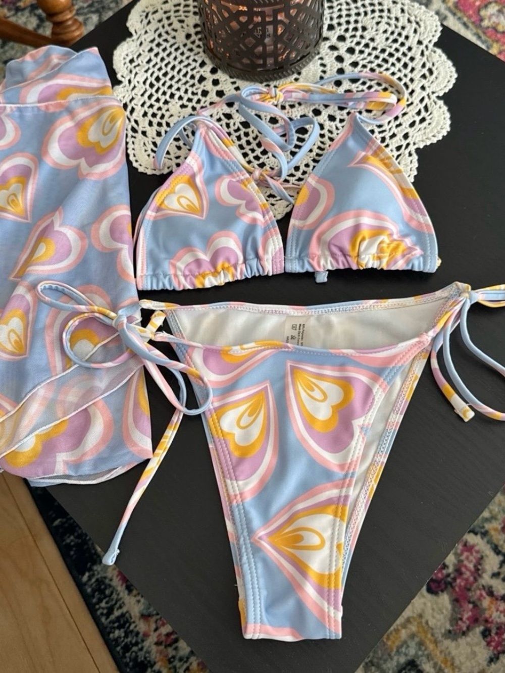 Woman’s Heart-Print Triangle Bikini Set in Pastel Blue, Pink & Yellow